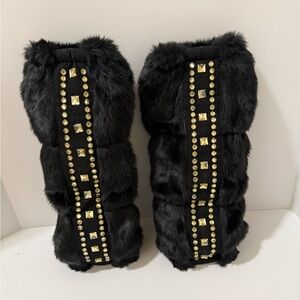Elegant Black Faux Fur Leg Warmers with Golden stone Accents